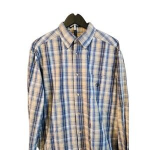 Duck Head Men's Medium Blue/Tan Plaid Long Sleeve Button-up Retro Duck Logo 80's